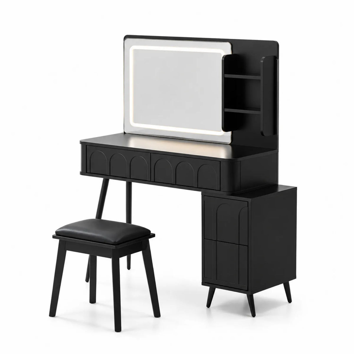 Coiffeuse en Bois avec Miroir LED et Tabouret Noir