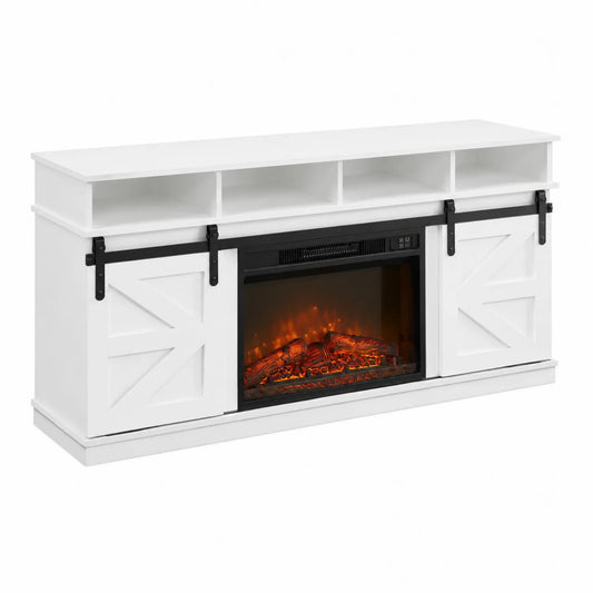 Meuble TV avec Cheminée Électrique Intégrée en Bois et Métal Blanc