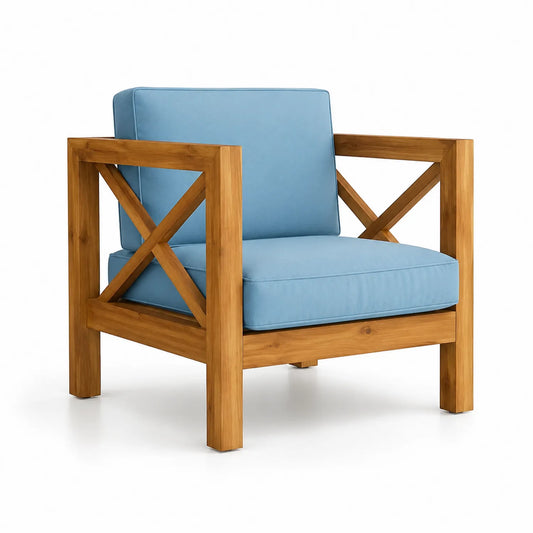 Fauteuil en bois d'acacia et polyester bleu