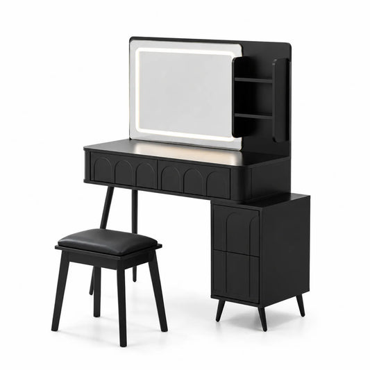 Coiffeuse en Bois avec Miroir LED et Tabouret Noir
