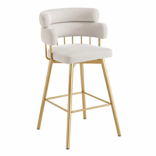 Tabouret de bar en velours avec pieds en métal, 105 cm, Crème/Doré