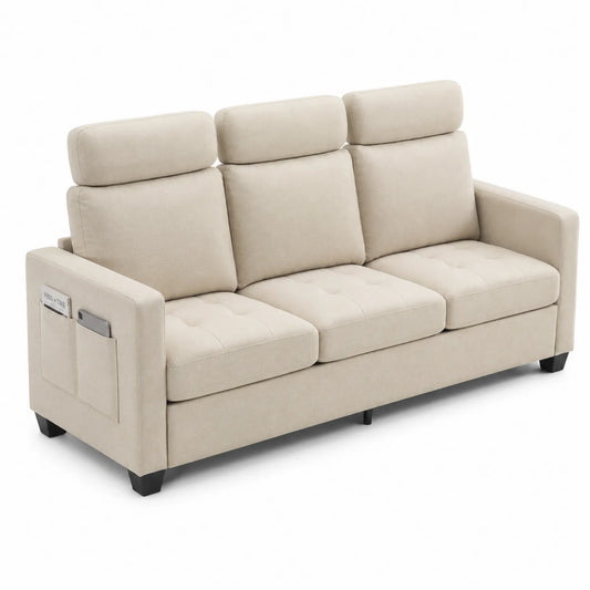 Canapé trois places en bois et tissu polyester Beige