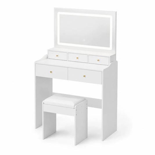 Coiffeuse avec Miroir LED et Tabouret en Bois MDF Blanc