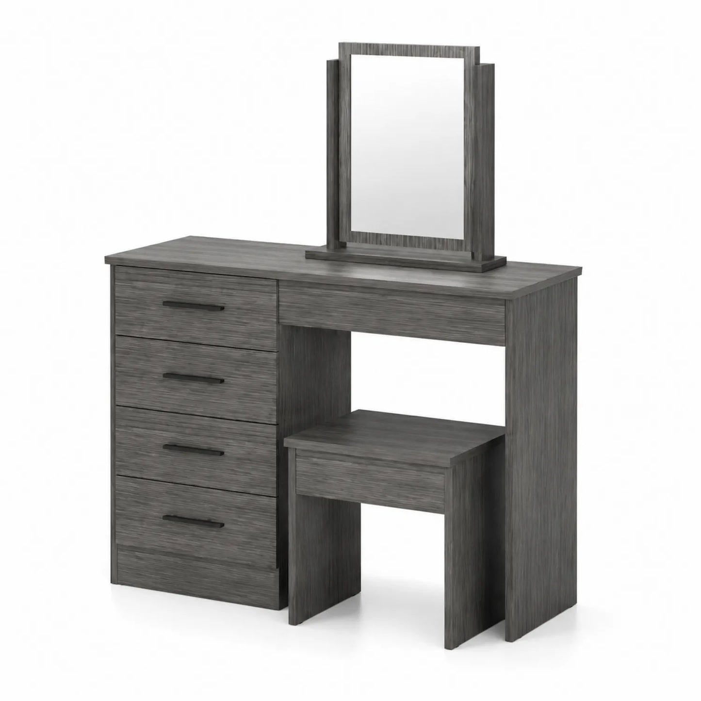 Coiffeuse en Bois Gris avec Tabouret, 4 Tiroirs et Miroir