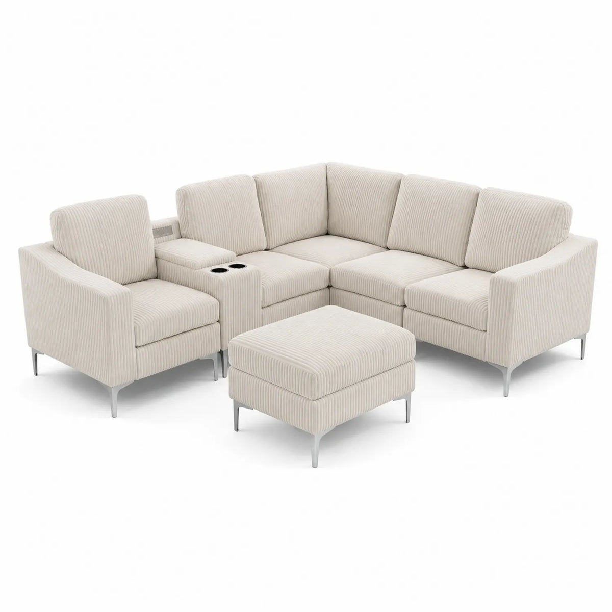 Canapé d'angle modulable en tissu côtelé beige avec ottoman et porte-gobelets