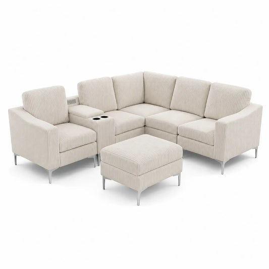 Canapé d'angle modulable en tissu côtelé beige avec ottoman et porte-gobelets