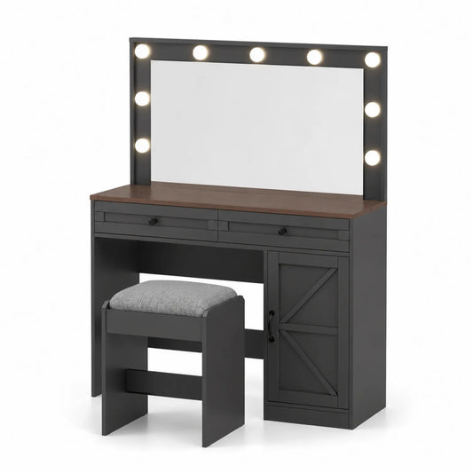 Coiffeuse avec Miroir Éclairé en Bois et Métal Noir