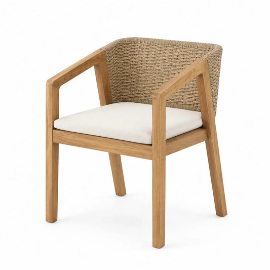 Chaise en teck et rotin avec coussin en polyester crème