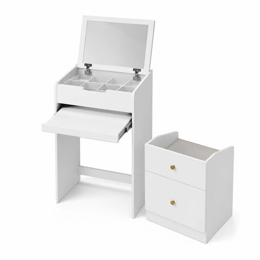 Coiffeuse et table de chevet blanches en panneaux de particules avec miroir rabattable