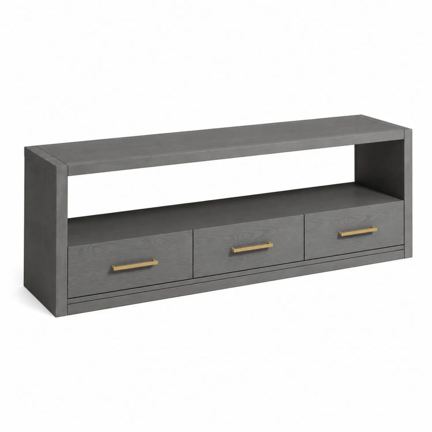 Meuble TV en bois gris avec tiroirs et poignées métalliques dorées