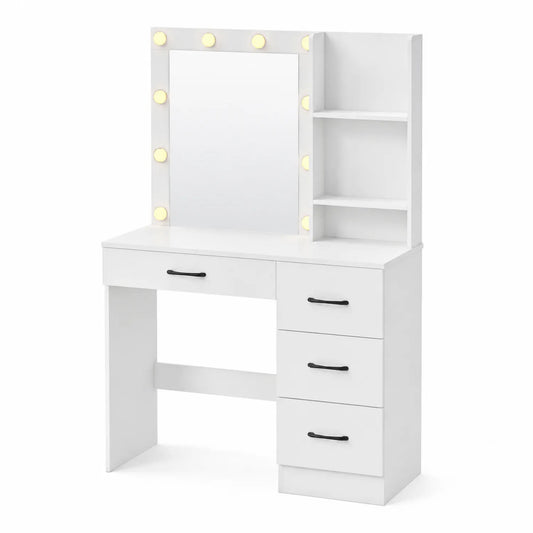 Coiffeuse avec Miroir Éclairé et Étagères - Blanc