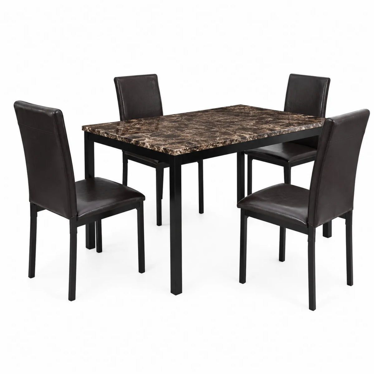 Ensemble de Table Rectangulaire en Métal Noir et Marron avec 4 Chaises en Similicuir