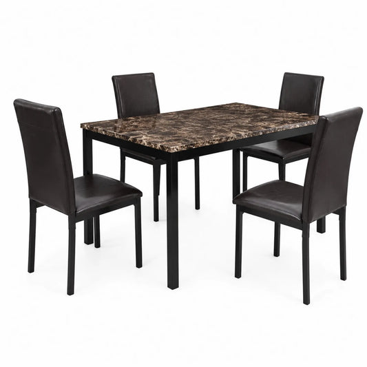 Ensemble de Table Rectangulaire en Métal Noir et Marron avec 4 Chaises en Similicuir