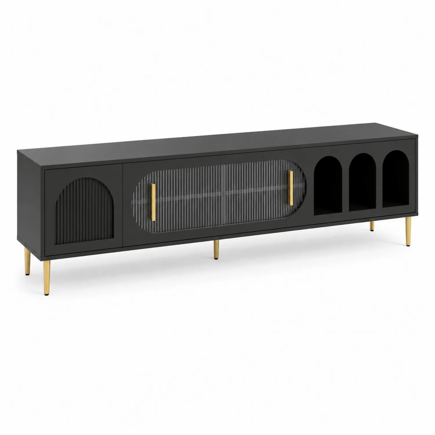 Meuble TV en bois noir avec portes en verre cannelé et étagères ouvertes 180x45x50cm