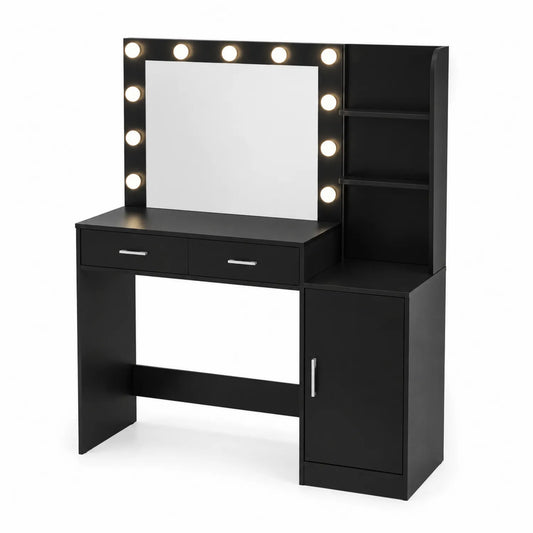 Coiffeuse en MDF avec miroir éclairé et étagères LED noires